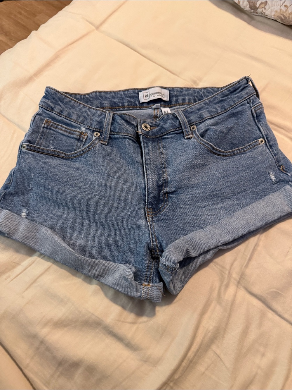 RE generation Blue Denim Shorts Distressed Cuffed Hem